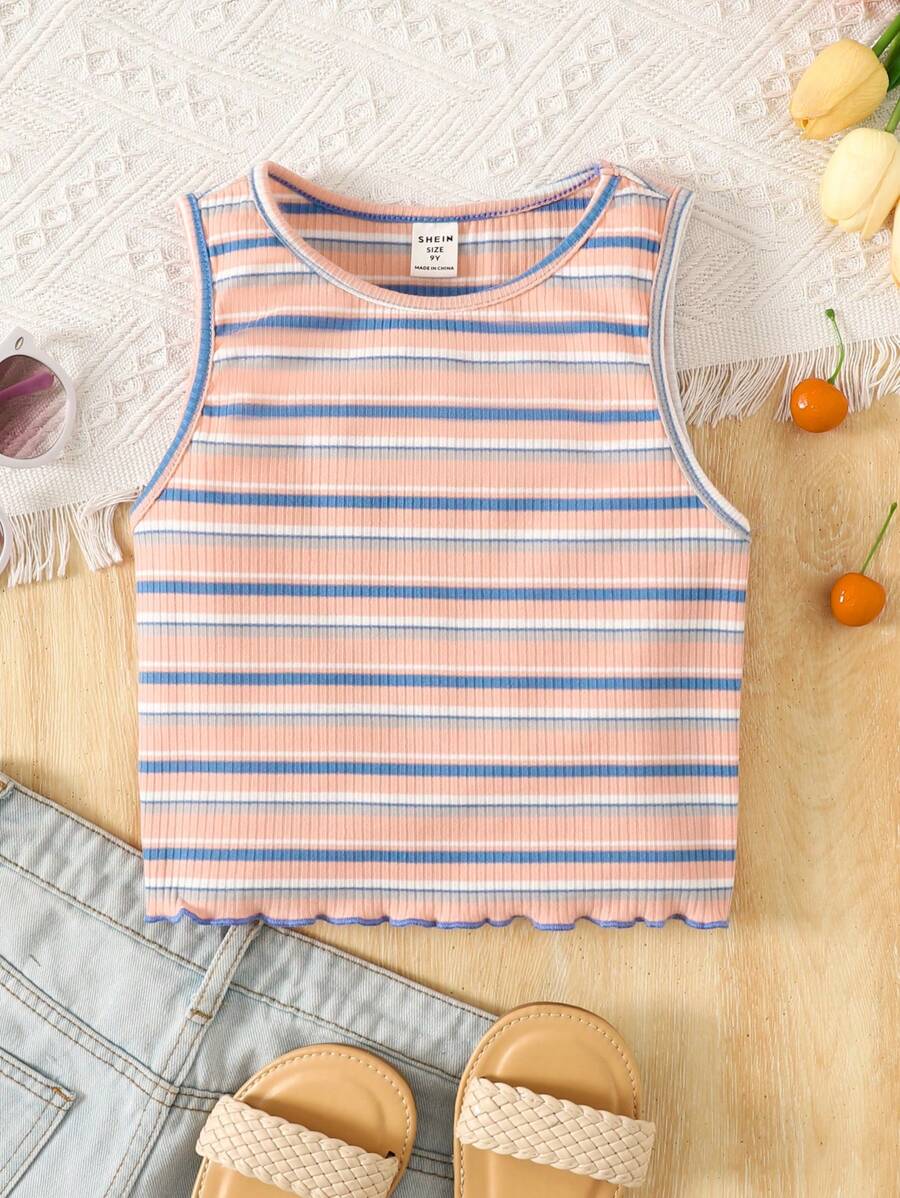 SHEIN Regata casual de férias com gola redonda, de tricô, colorida e listrada, para meninas pré-adolescentes