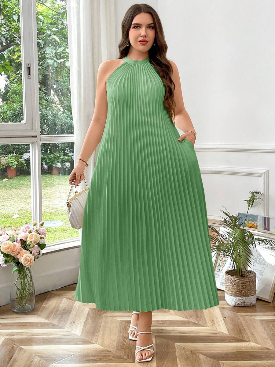 SHEIN Privé Plus Size Elegant Simple Solid Color Pleated Sleeveless Dress, Summer
