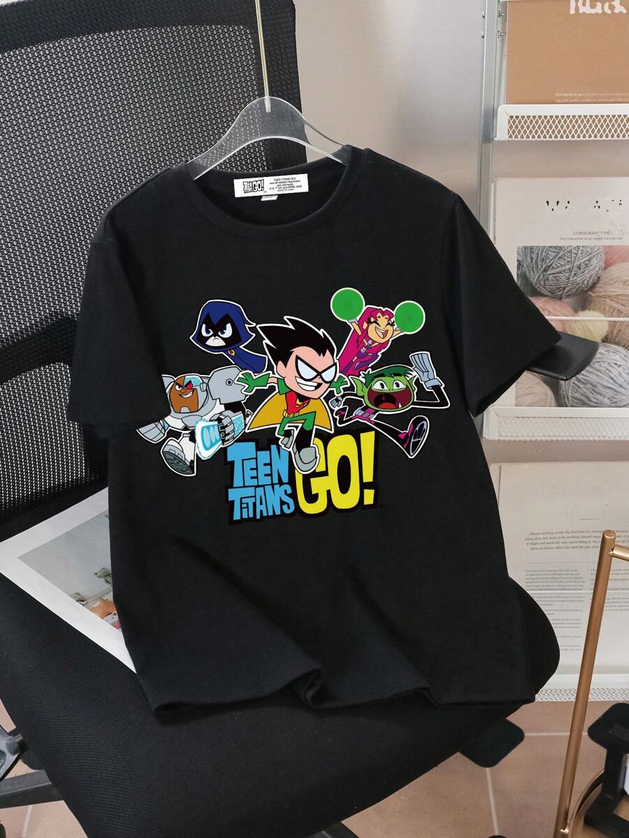 Teen Titans Go X SHEIN Tween Boy Casual Cartoon Graphic Print Short Sleeve Black T-Shirt, Suitable For Summer