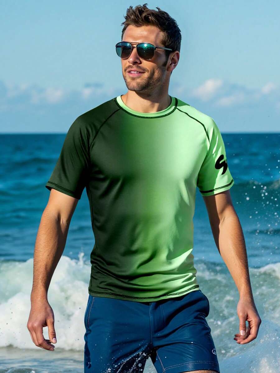 Manfinity Swimmode Men's Gradient Color Raglan Short Sleeve Casual Surfing T-Shirt Man Swim Trunks,Hawaiian, Men Swim Shirt Short Sleeve, Men S Rash Guard Shirt, Green Tshirt Men, Men Active Wear