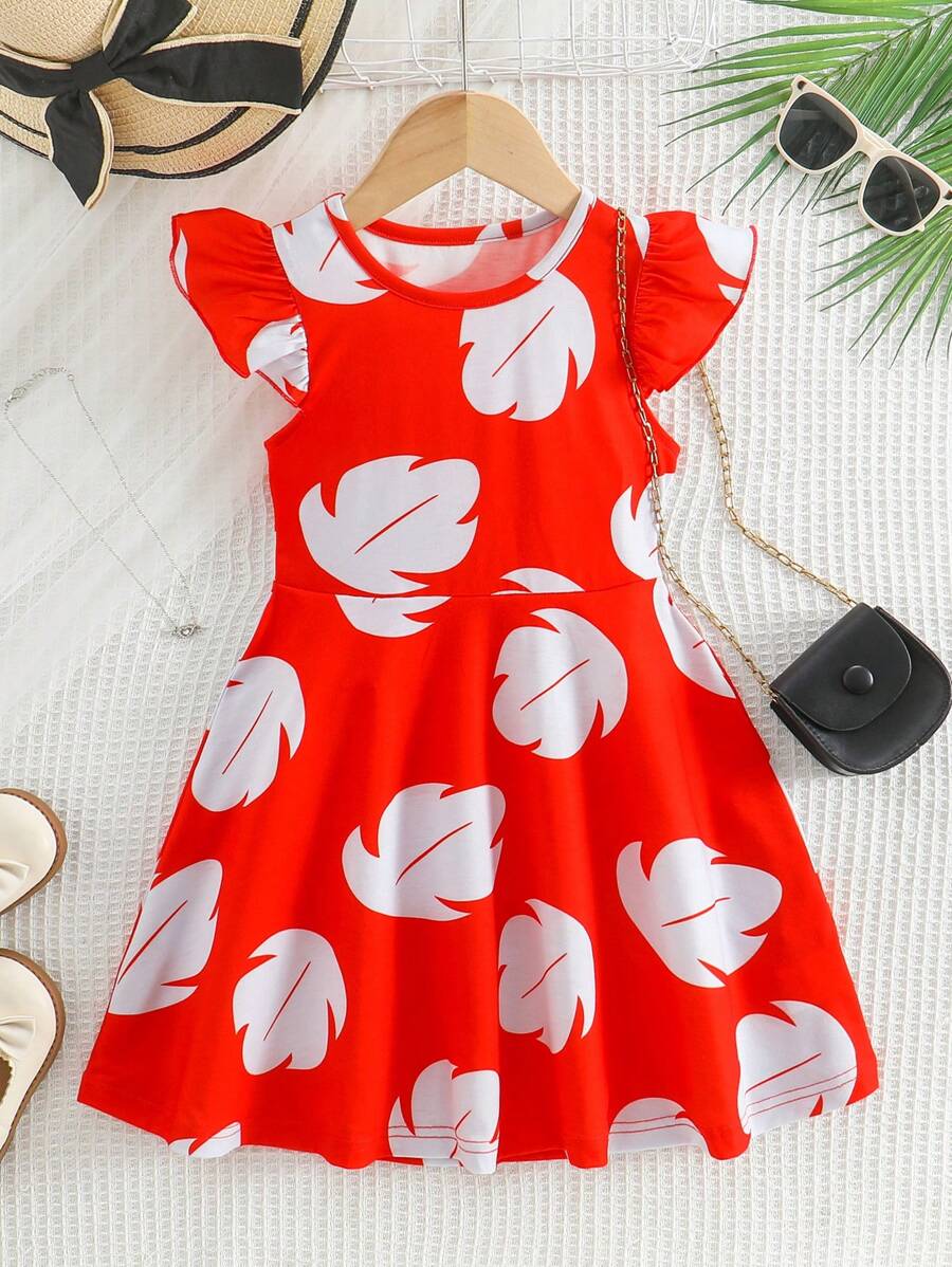 Vestido casual de manga corta y estampado floral de color contrastante para niñas en vacaciones