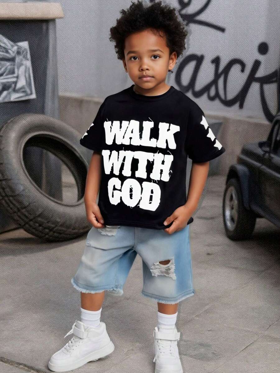 SHEIN 1pc Young Boy Short Sleeve T-Shirt, Streetwear Graphic Print, Comfortable, Versatile Knit Crew Neck Tee For Young Boy, Loose Fit Casual Sports Top Ideal For Travel, Holiday, Relaxation, Summer