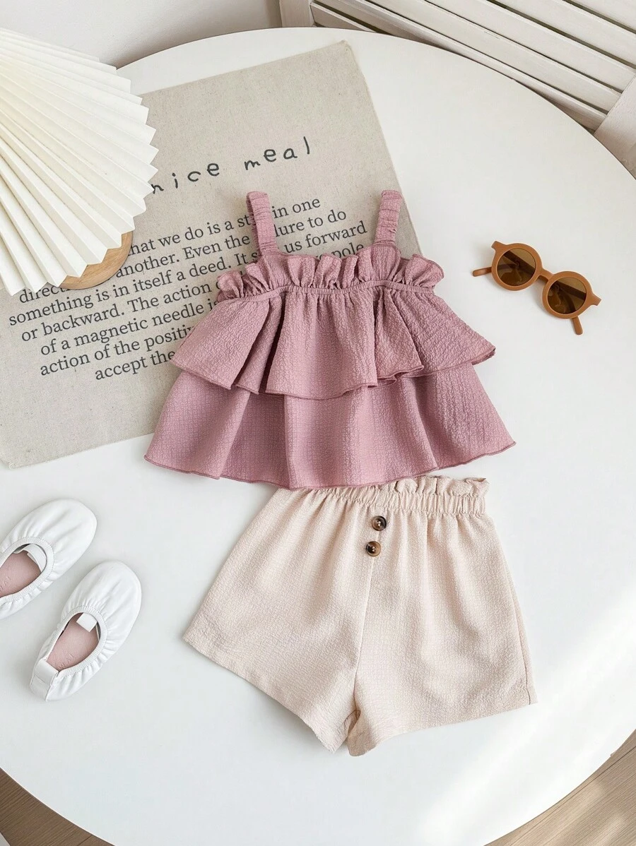 Babygirl Cute Ruffled Spaghetti Strap Vest And Shorts Summer Vacation Set