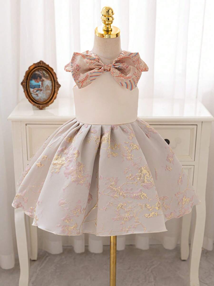 Toddler Girls Floral Satin Princess Dress, Suitable For Partywear, New Year Party, Wedding, Christmas, With Bowknot Accent, All Season