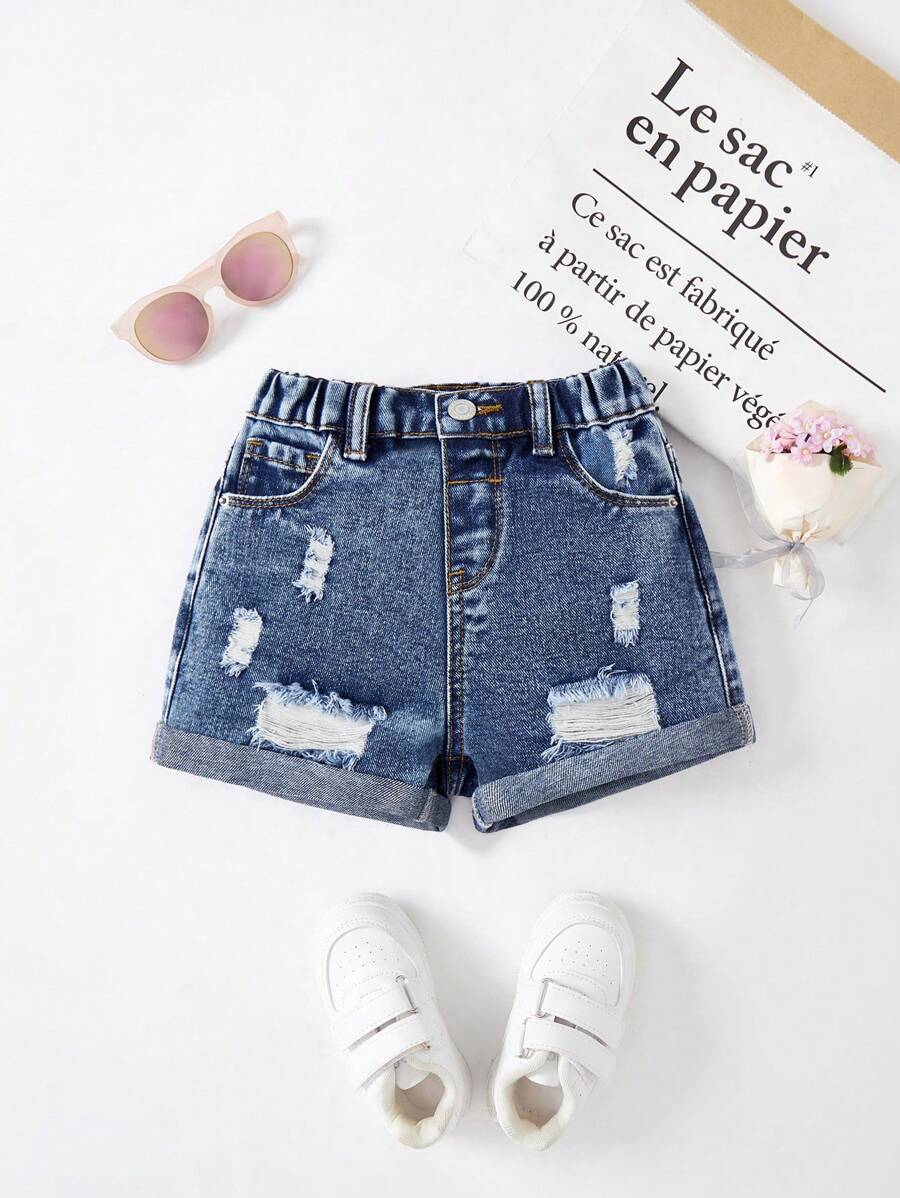 SHEIN Shorts vaqueros anchos y sueltos, versátiles y desgastados con dobladillo para niñas