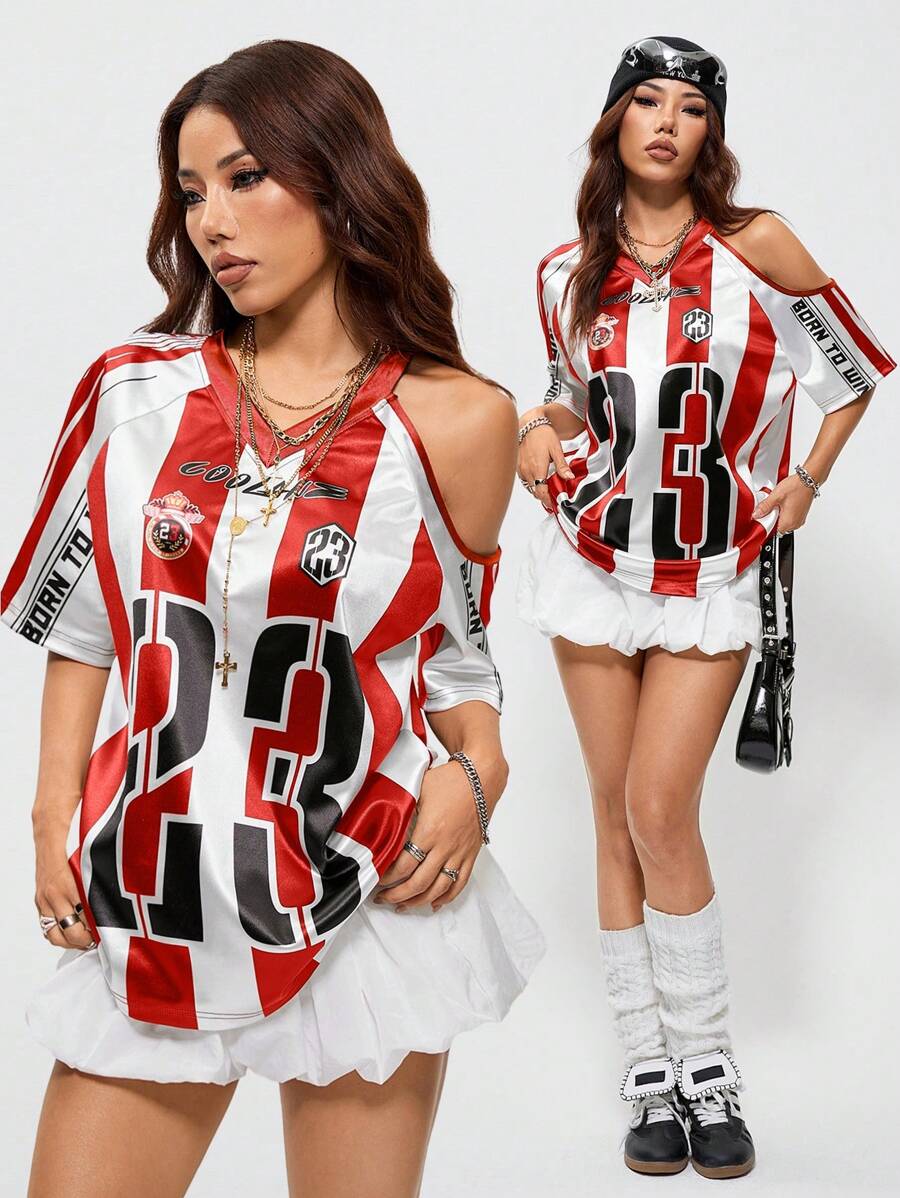Coolane Women's Summer Y2K Blockcore Sportswear Game Day Striped Number Pattern Off Shoulder Raglan Sleeve V-Neck Jersey T-Shirt,Rave Top