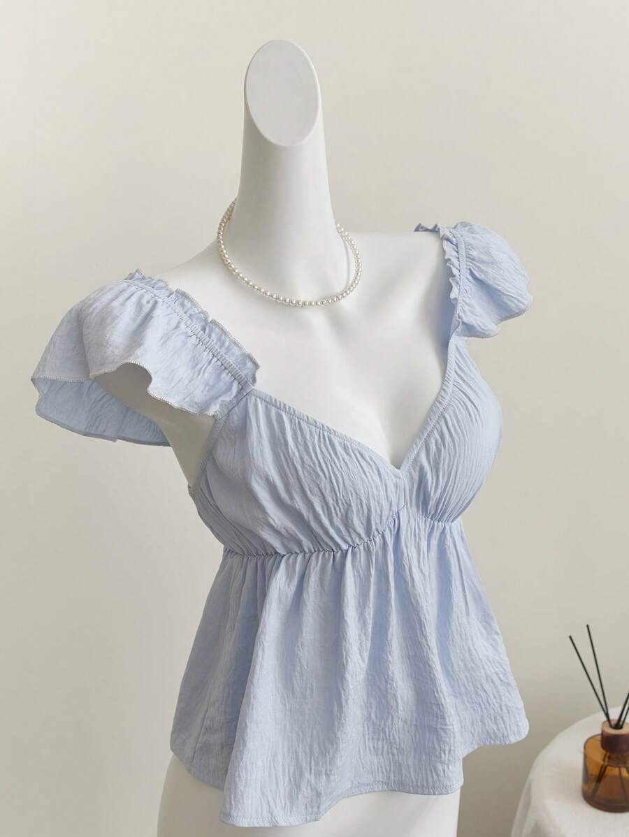 Elamini Blue Cute Girl Ruffle Trim Sexy Backless Low Neck Short Camisole Top