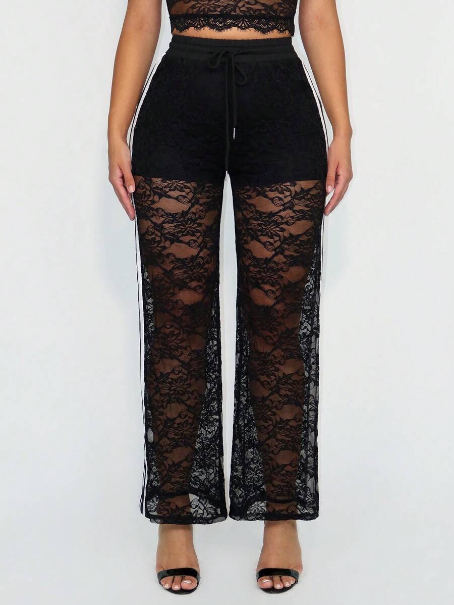 Sirith Women's Drawstring Waist Straight Leg Loose Elegant Lace Pants