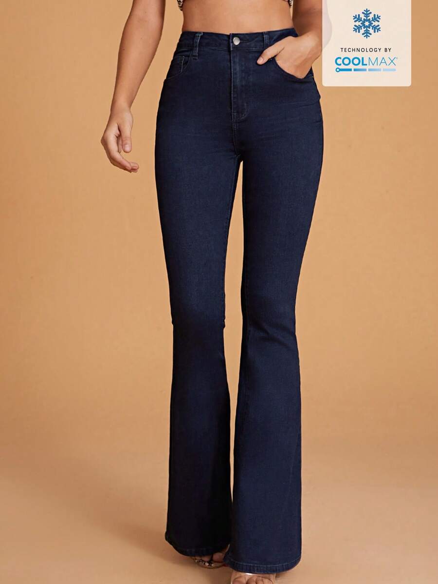 SHEIN Essnce Women's Casual Solid Color Slant Pocket Flare Denim Pants