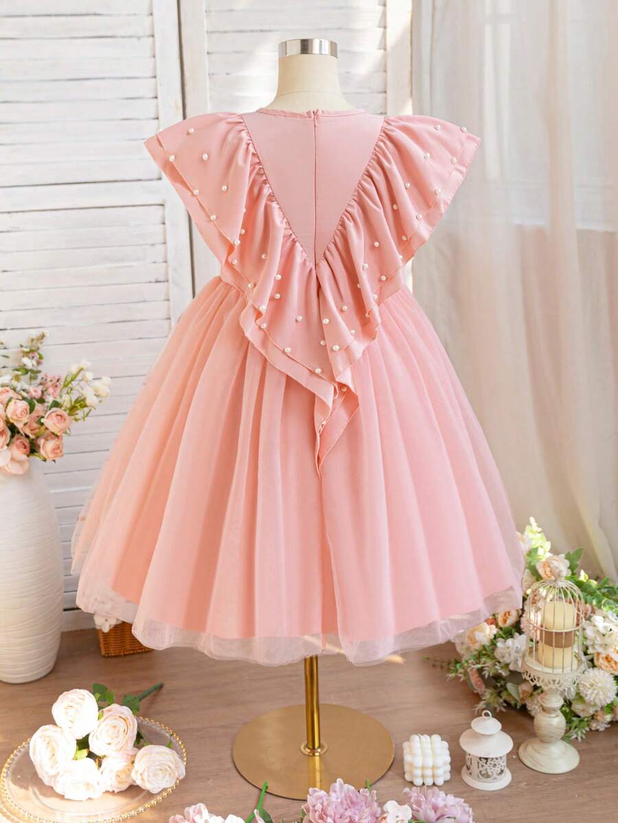SHEIN Glamorique Kids Vestido de niña con mangas de malla con cuentas de perlas, el diseño de perlas se ve noble y elegante, adecuado para fiestas, reuniones y varias ocasiones, mostrando una noble gracia