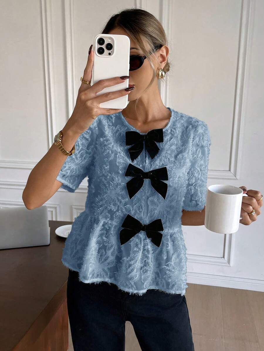 SHEIN Frenchy Women's Summer Elegant Solid Color Textured Bow Decor Blouse