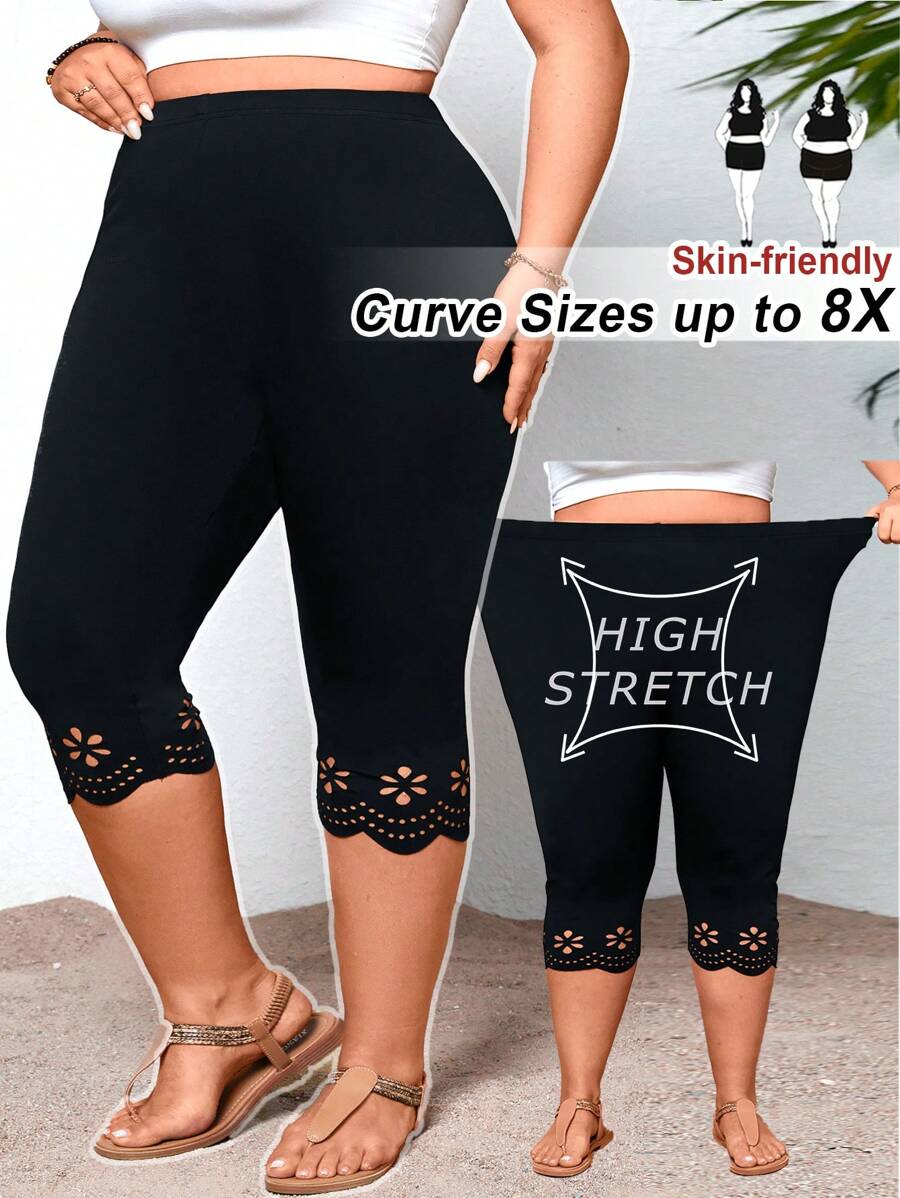 SHEIN CURVE+ Plus Size Women's Black Hollow Out Tight-Fitting Leggings,Summer Outfits For Women,Capris For Women,Beach Outfits For Woman,Bohemia