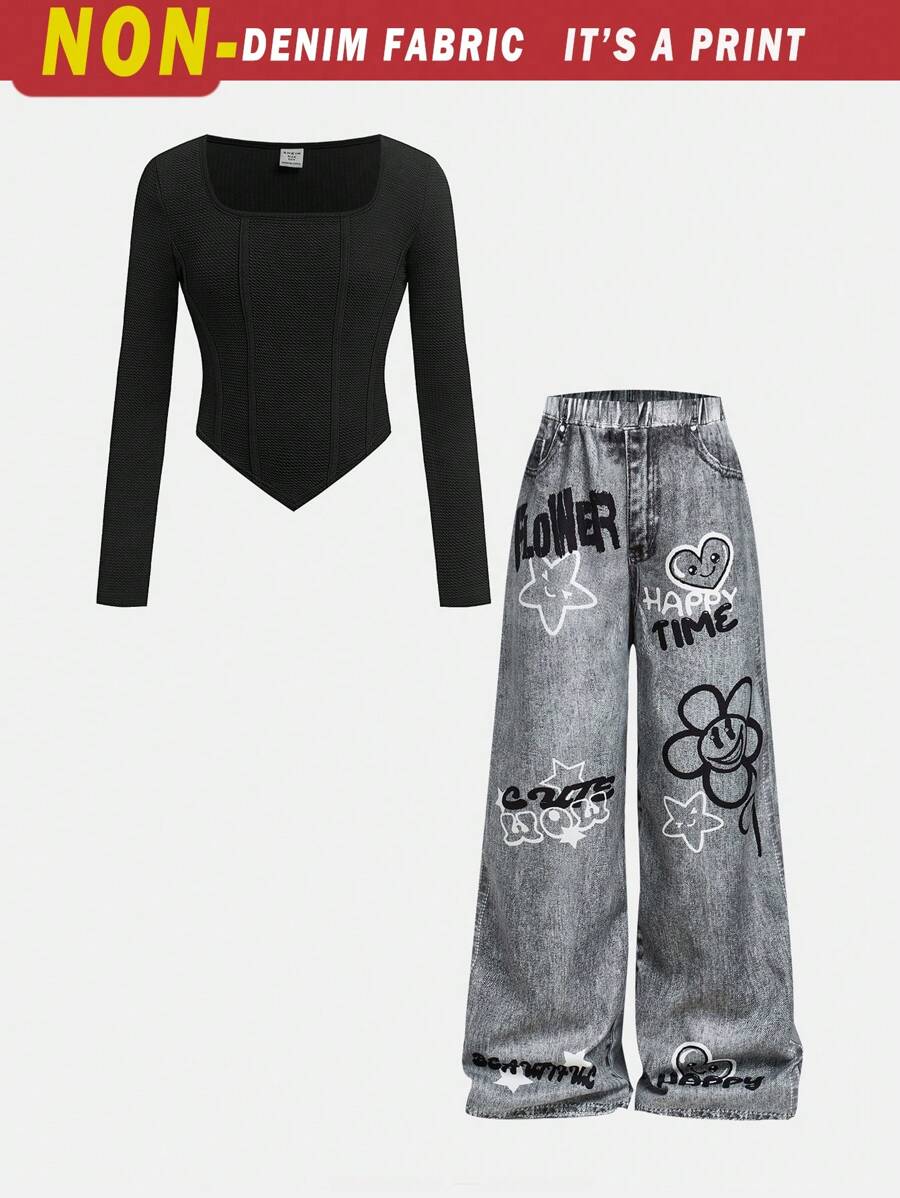 SHEIN Girlism Tween Girl Casual Streetwear Set, Includes Tight Asymmetrical V-Hem Long Sleeve Top And Loose Wide Leg Pants With Denim Effect & Graffiti Pattern, Back To School, Sweet & Cool Style Cowgirl Outfit