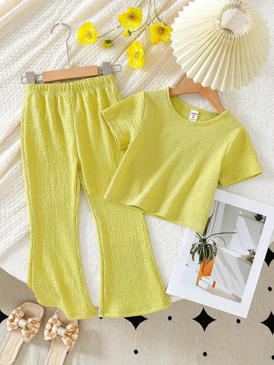 Wildeya 2pcs/Set Young Girls Fashion Solid Color Crew Neck Short Sleeve T-Shirt & Elastic Waist Flared Leg Pants, Spring/Summer