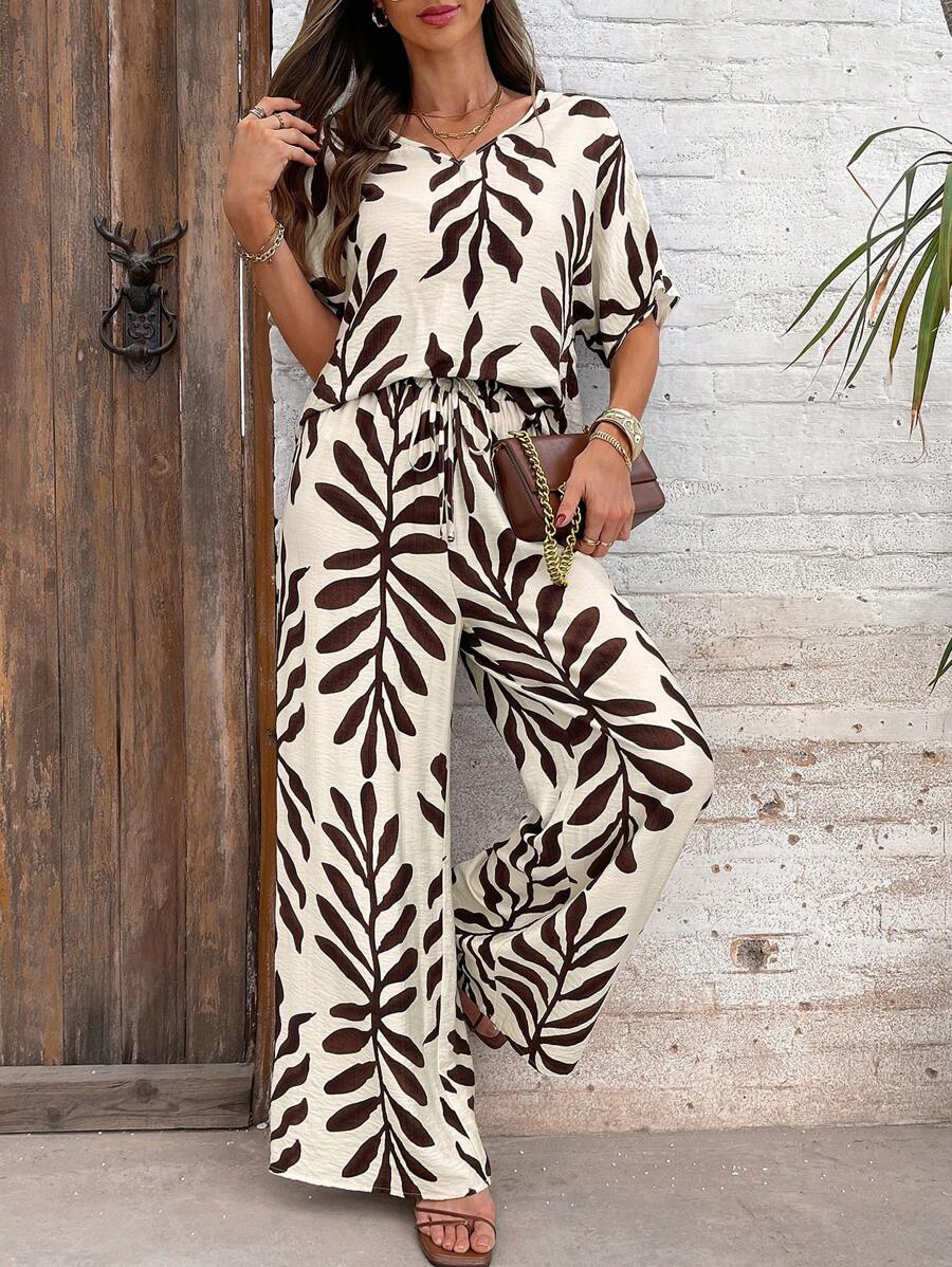 SHEIN Clasi 2pcs/Set Women Elegant Leaf Print V-Neck Blouse & Wide Leg Pants, Outfit Spring Outfits For Women Vacation Outfits Women Two Pieces Set Women Western Wear Women 2 Pieces Set Boho Vacation Outfits Woman Two Pieces Set,Summer Sets