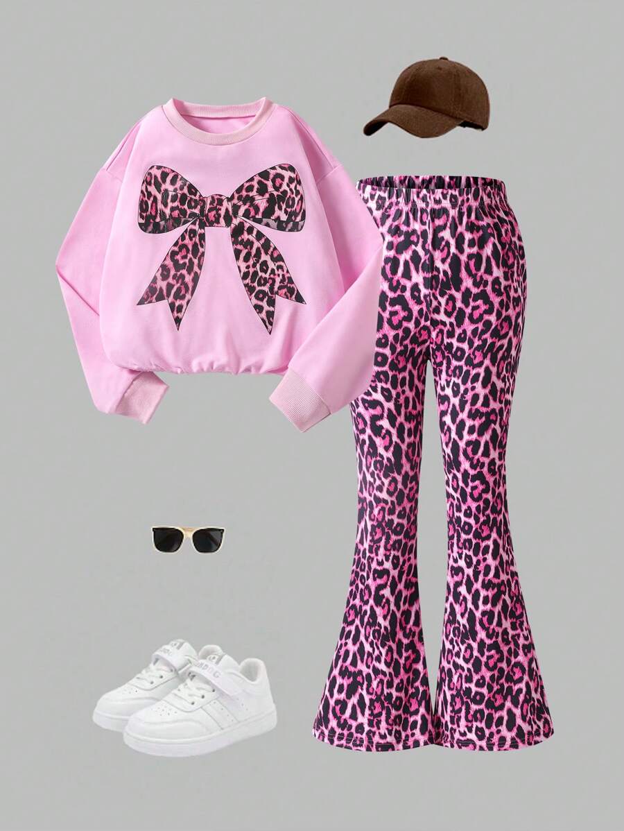 Set de 2 piezas de sudadera con estampado de lazo de leopardo y pantalón acampanado para niñas preadolescentes, adecuado para otoño/invierno