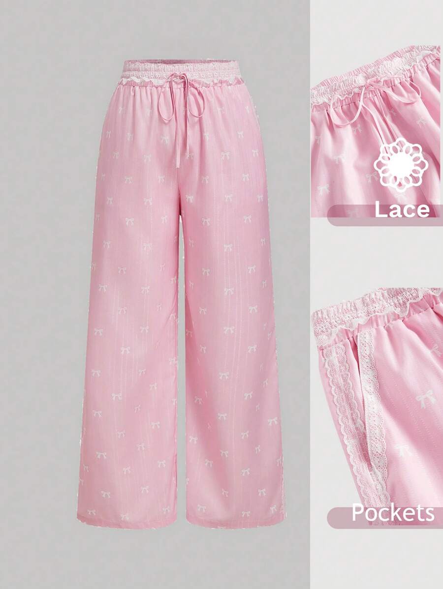 SHEIN MOD Pantaloni taglia comoda con vita regolabile in rosa, fantasia a nodo bianco, effetto bicolor, con tasche in pizzo