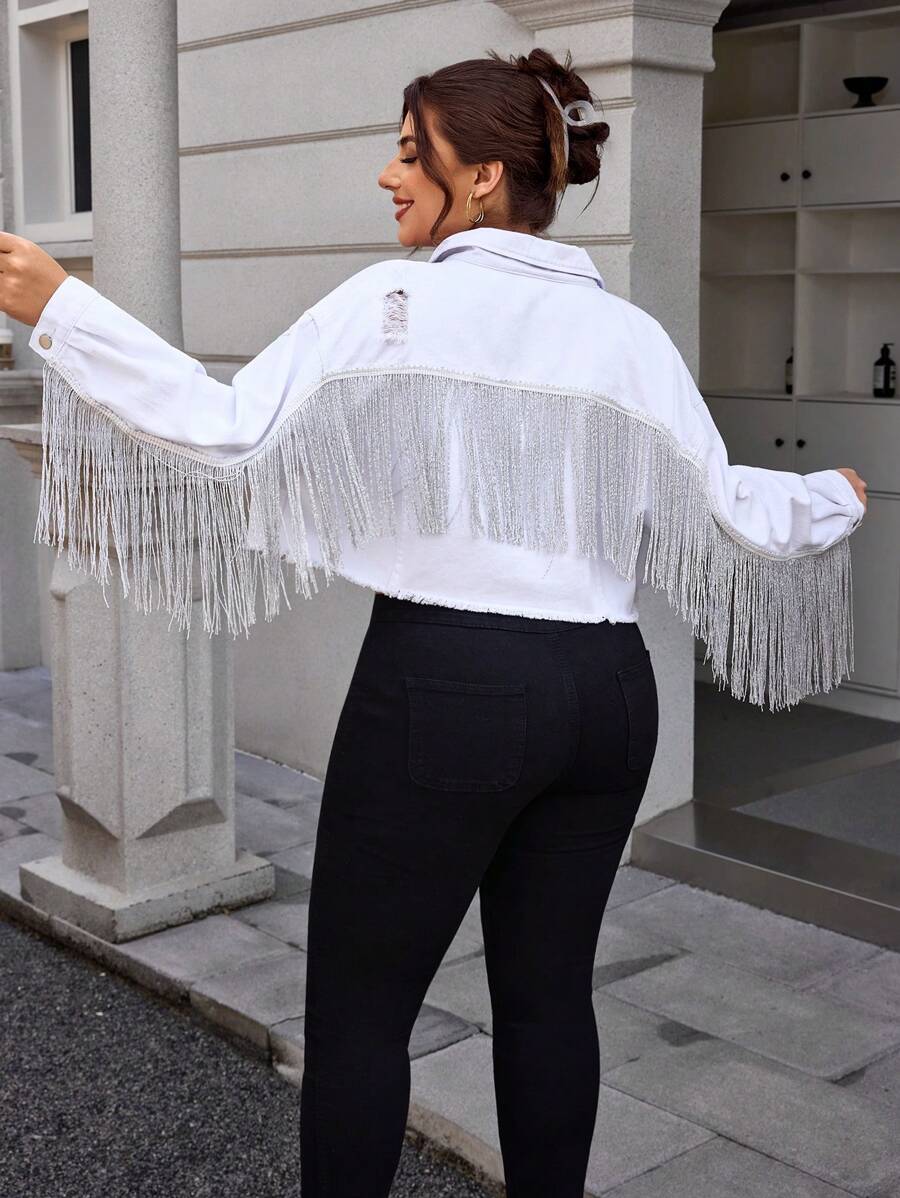 SHEIN Essnce Plus Size Solid Color Fringe Decor Distressed Casual Long Sleeve Denim Jacket