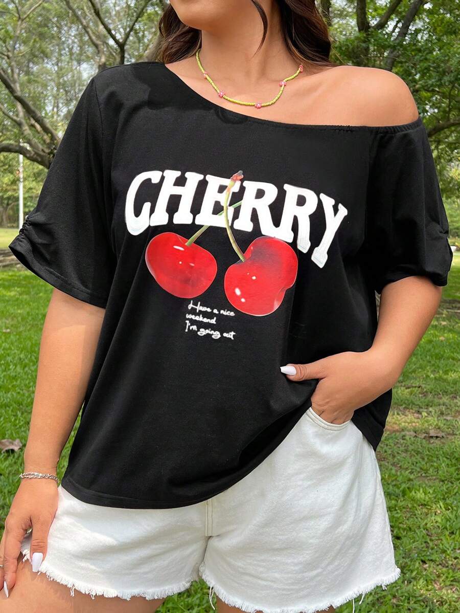 SHEIN EZwear Plus Size Women's Loose Cherry Fruit Print Off Shoulder Short Sleeve Casual T-Shirt