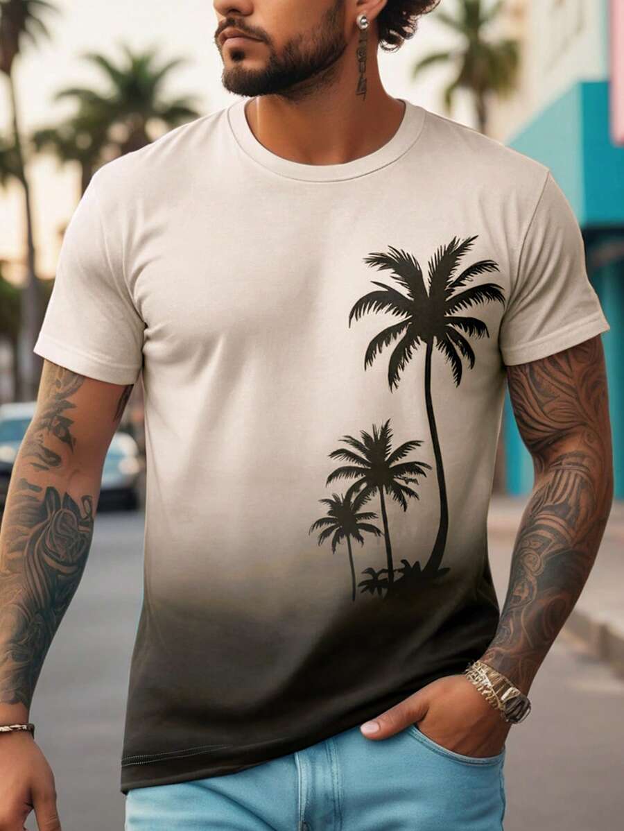 Manfinity RSRT Men's Palm Tree Printed Casual Round Neck Short Sleeve T-Shirt T Shirt For Man Men Summer Clothes Men T Shirts Men Beach Tshirt Men T Shirts Graphic