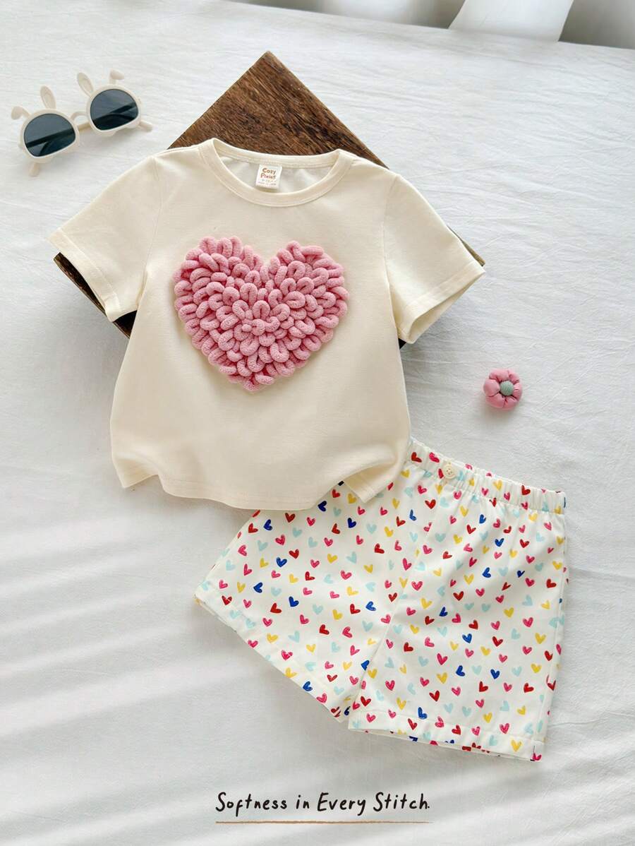 Cozy Pixies Set de 2 piezas con parte superior de manga corta de cuello redondo suave de punto con diseño de corazón y pantalones cortos de cintura elástica para niña bebé