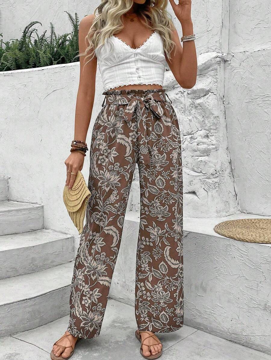 Breezaya Floral Print Straight Leg Casual Vacation Pants