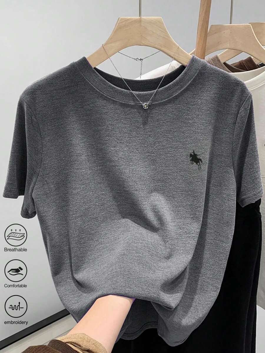 SHEIN Camiseta de mujer de manga corta con bordado delantero de color gris y colorido
