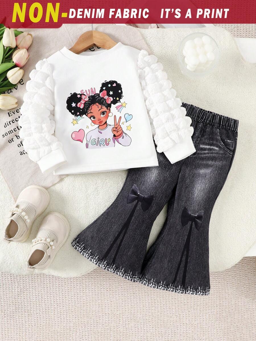 2pcs Set Baby Girl Cartoon Print Sweatshirt + Black Denim Effect Pants, Casual Outfit For Home, Leisure, Travel And Sports
