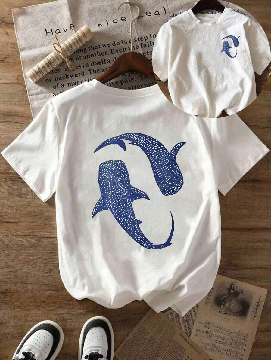 Cute Blue Whale Ocean Theme Short Sleeve Round Neck T-Shirt For Women