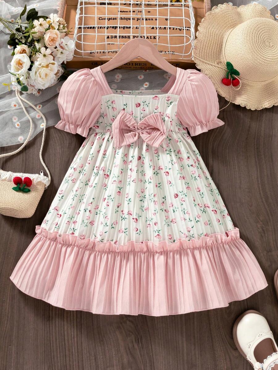 SHEIN Vestido de niña con mangas abullonadas, decoración de lazo, bloque de color y estampado floral ditsy - Estilo campestre encantador, apropiado para uso diario y de vacaciones