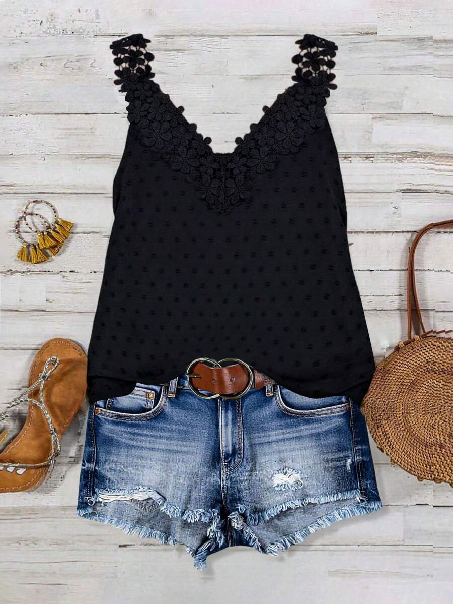 SHEIN LUNE Canottiera casual con scollo a V profondo, con balze, senza schienale, in jacquard a pois, di taglia comoda, adatta per vacanze