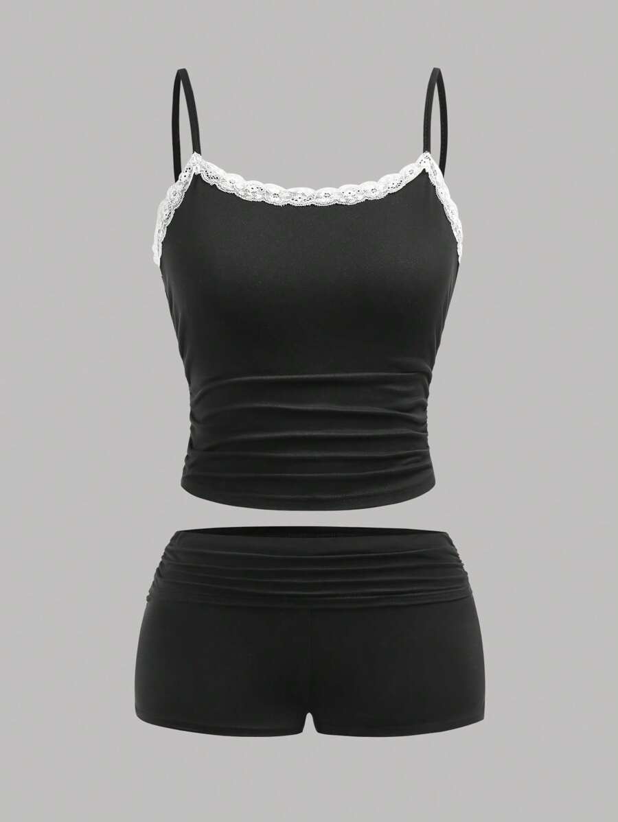 Girlism 2pcs/Set Teen Girls' Casual Plain Color Spaghetti Strap Top And Shorts Suit, Summer Spring & Summer, Valentine's Day, "Clean Girl" Style, Black