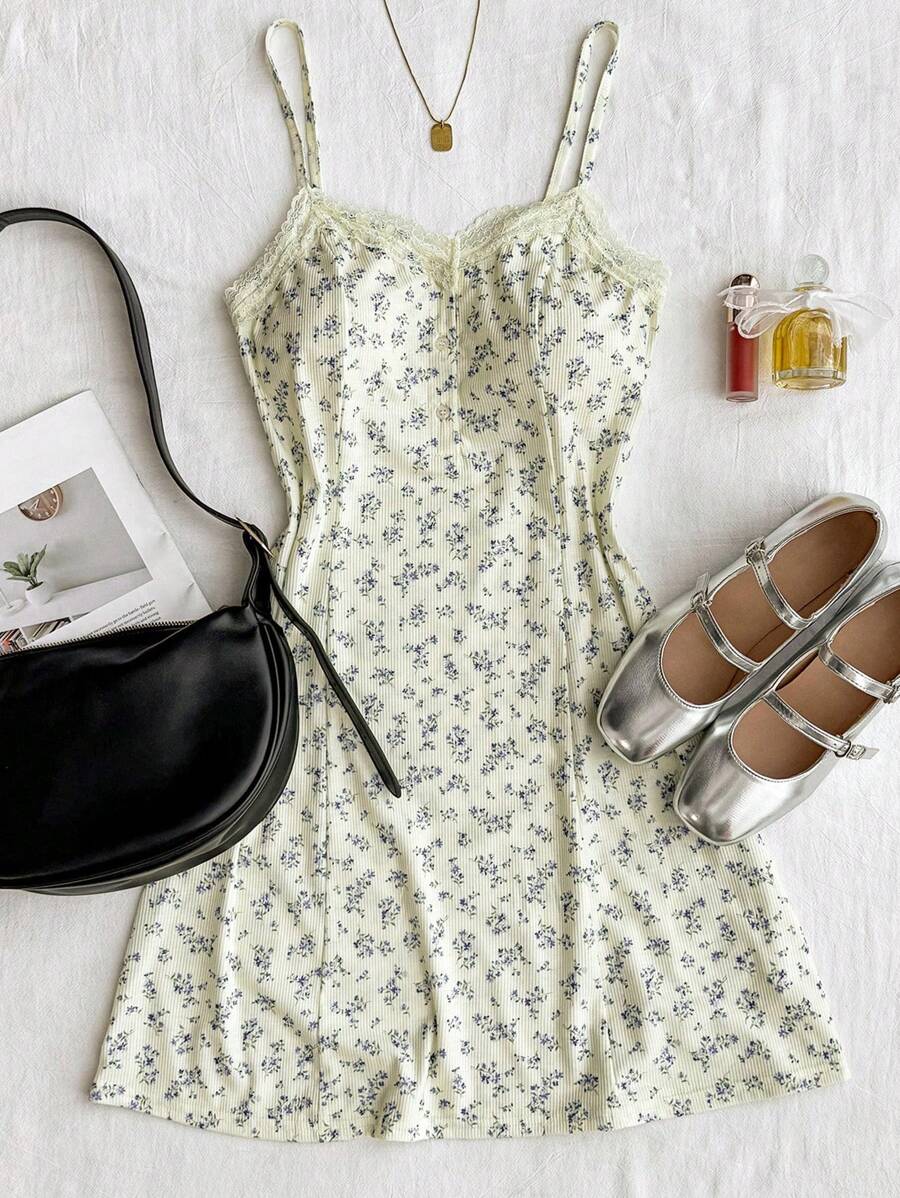SHEIN Teen Girls Asymmetrical Ditsy Floral Printed Contrast Lace A-Line Dress, Relaxed Loungewear Outfit, Spring/Summer