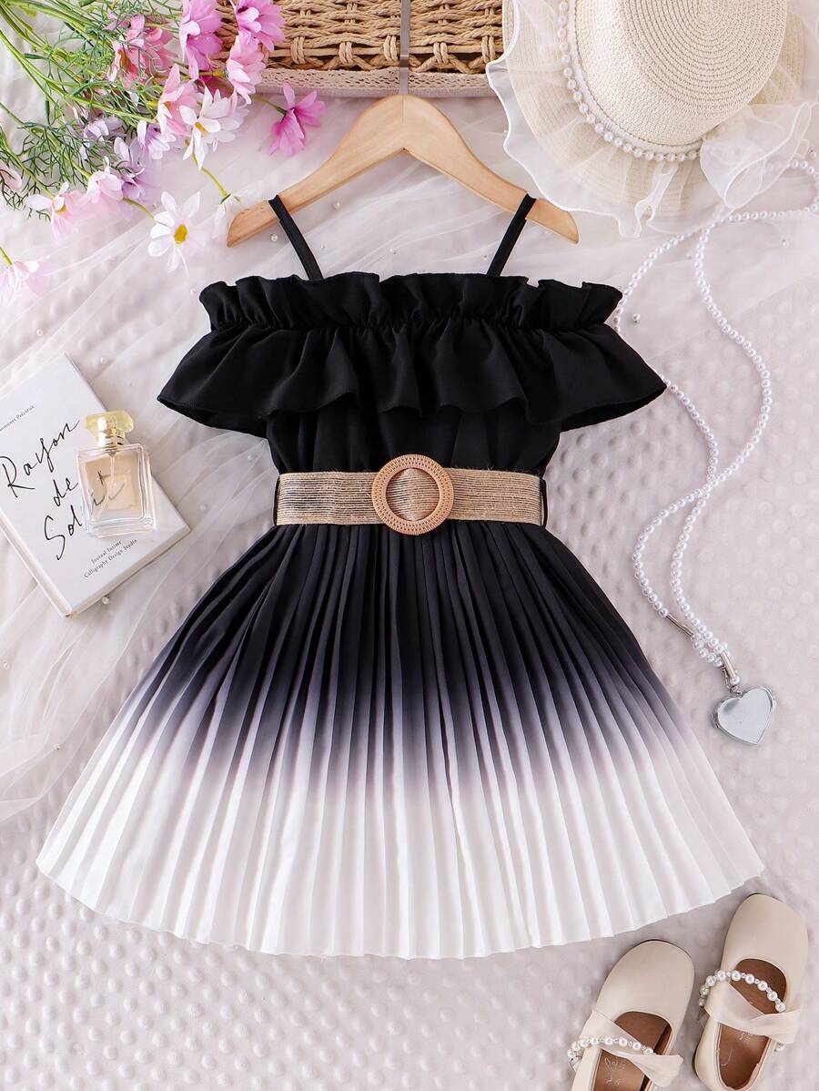 SHEIN Young Girl Ombre Off Shoulder Ruffle Hem Dress, Summer