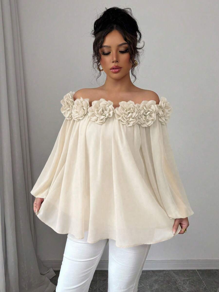 Airlisse Blusa elegante da donna a spalle scoperte in chiffon, tessuto in chiffon liscio e opaco con dettaglio floreale 3D, versatile per uso quotidiano, appuntamenti e feste, maniche lunghe