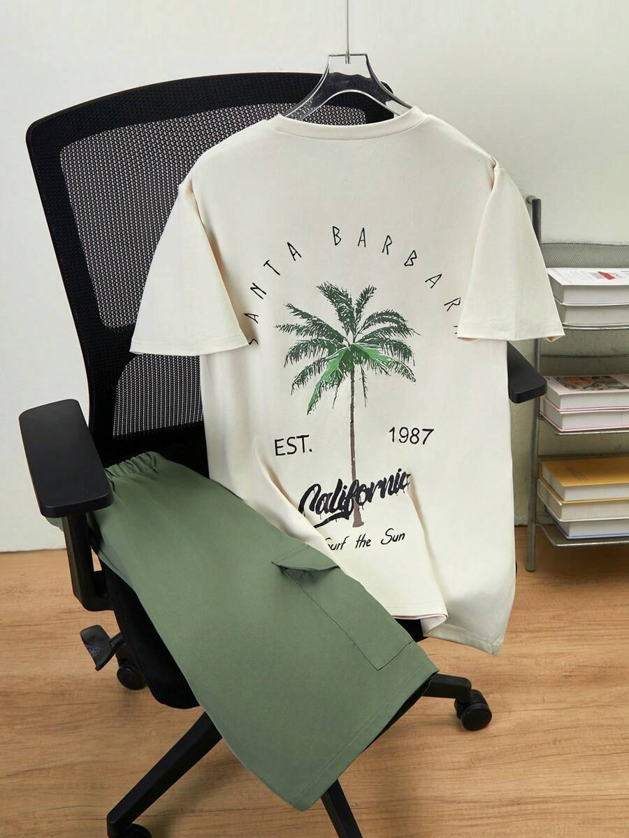 2pcs/Set Teen Boys Casual Apricot Graphic Tee & Military Green Cargo Pocket Shorts Suit, School, Campus, College