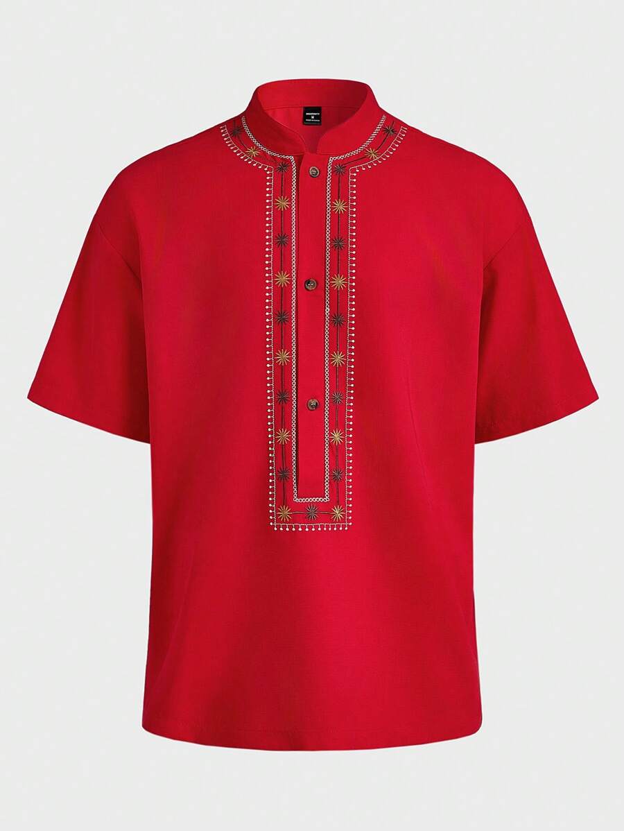 Manfinity Homme Men's Holiday Casual Embroidered Stand Collar Short Sleeve Shirt