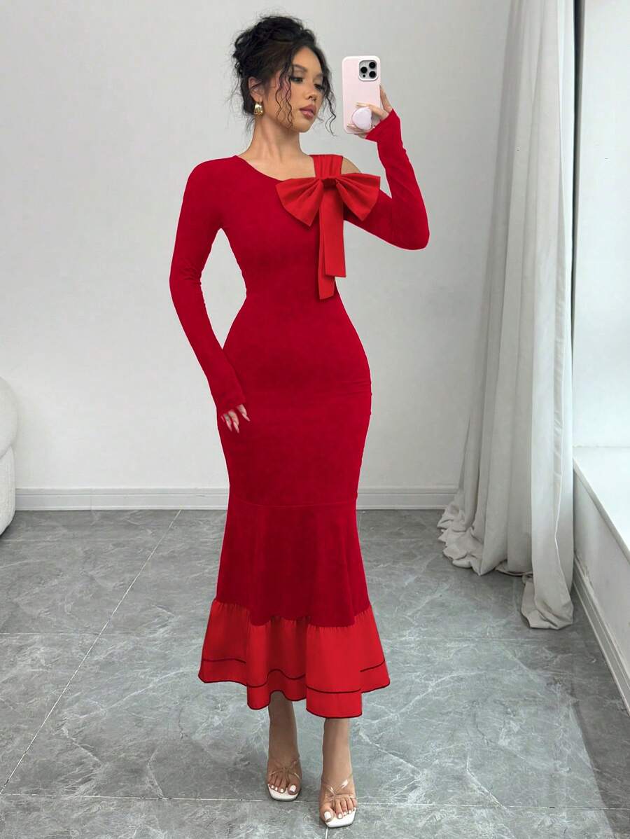 Elenzga Abito elegante aderente a maniche lunghe con blocchi di colore, fiocco e orlo a sirena per donne