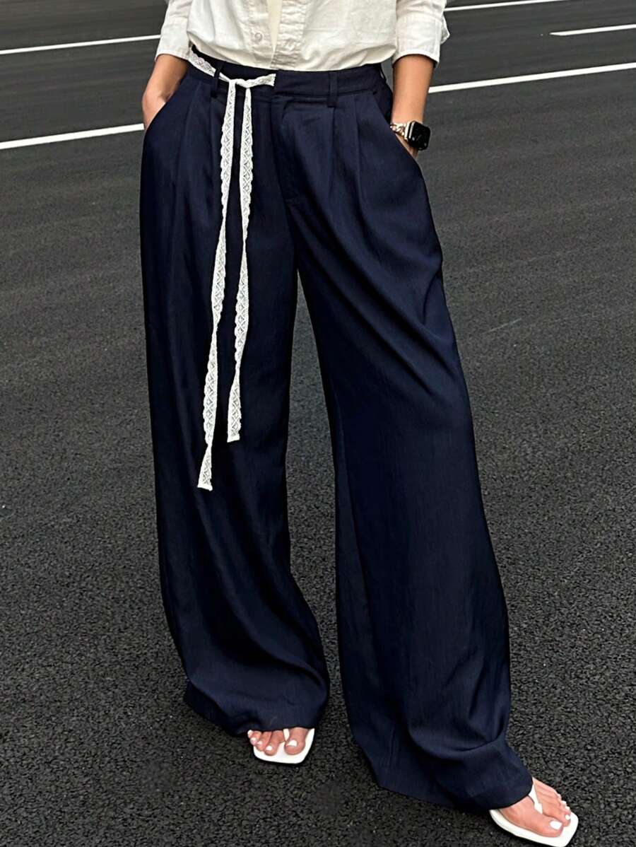 DAZY Pantalones casuales de verano de pierna ancha y suelta con cintura de encaje y bolsillos para mujeres