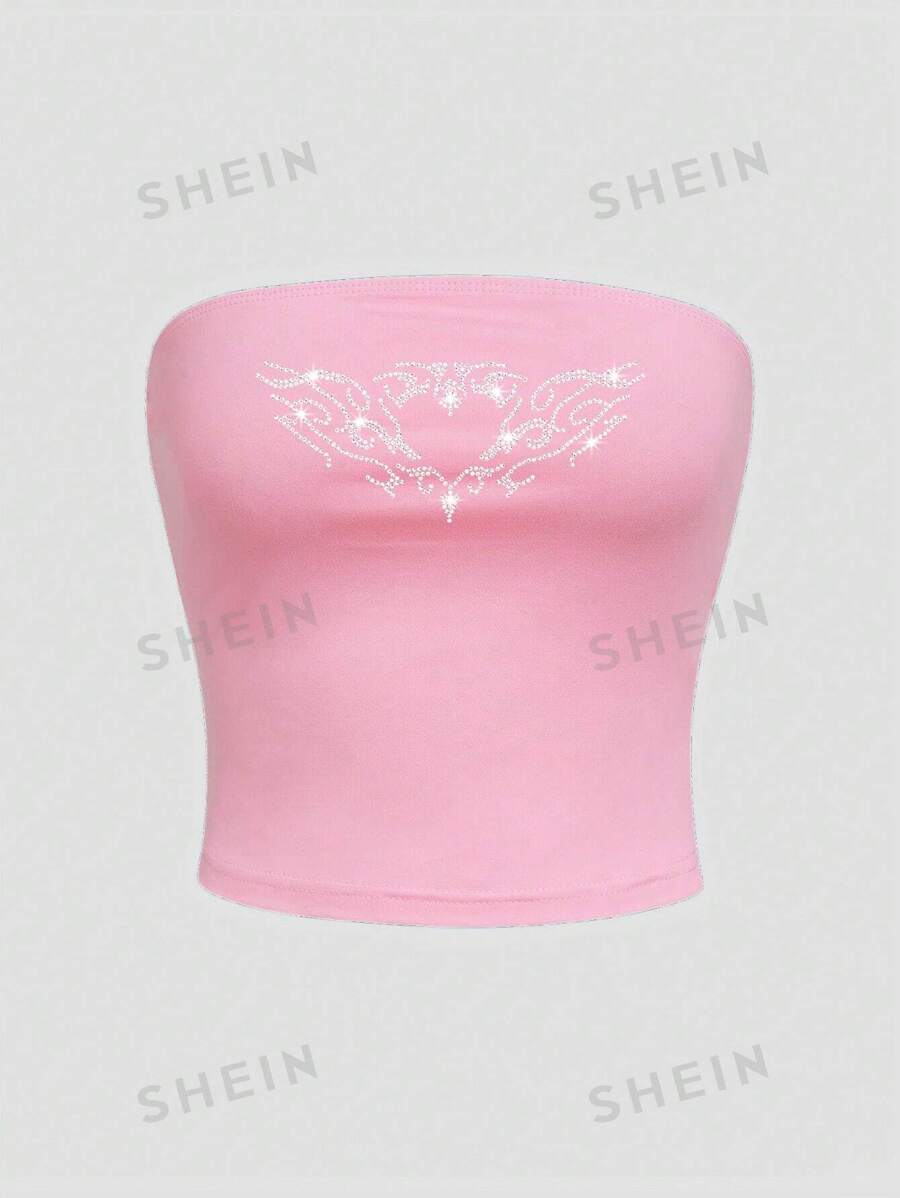 SHEIN Essnce Top corto tipo bandeau con patrón de corazones de strass, adecuado para el verano