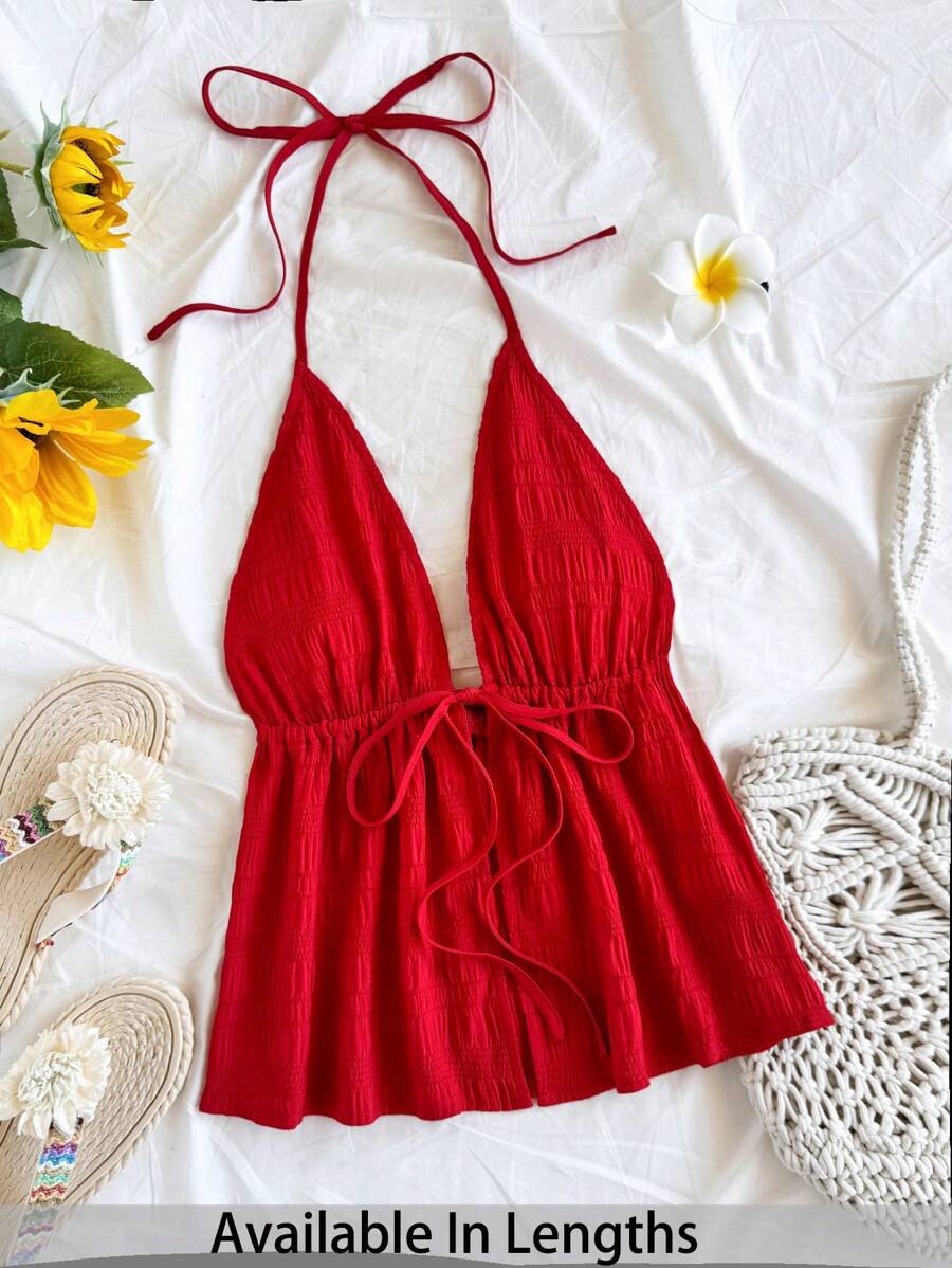 SHEIN PETITE CURVE Top sin mangas rojo con cuello en V, nudo y espalda abierta, de tela texturizada