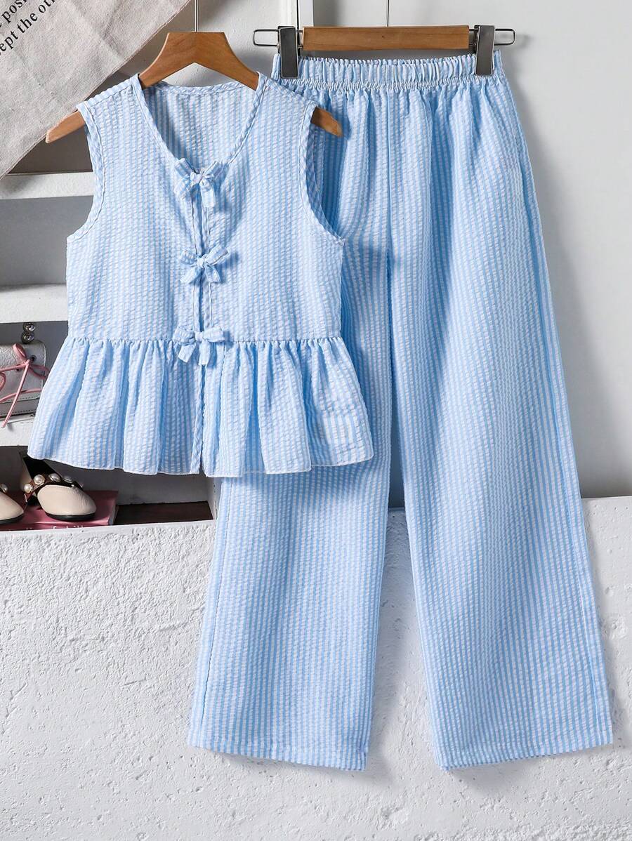 SHEIN 2 Stücke Set für Tween Mädchen: Ärmelloses gestreiftes Hemd mit Schleifenknopf und verlängerte Hose