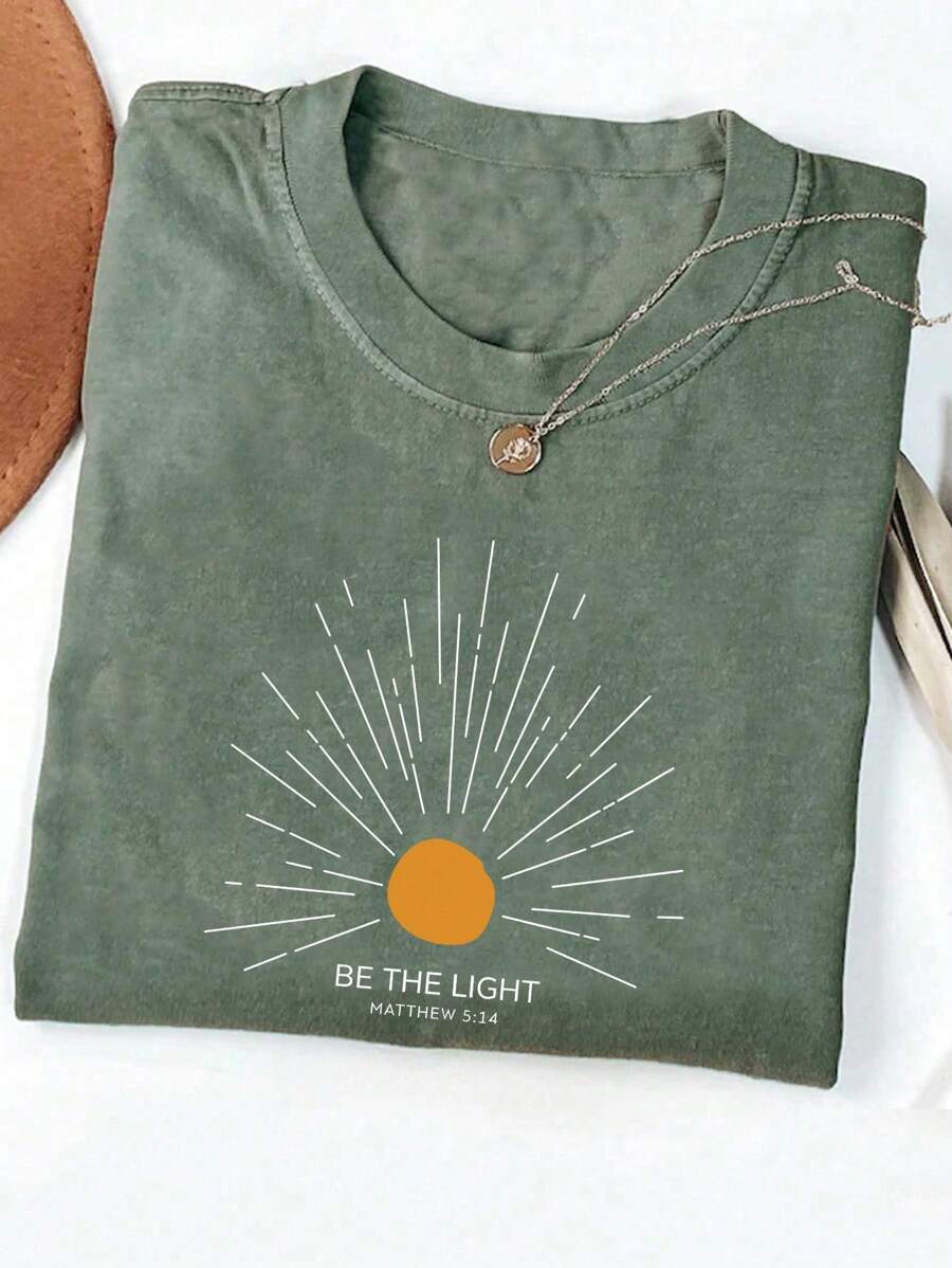 Women Sun Print Round Neck Short Sleeve Casual T-Shirt