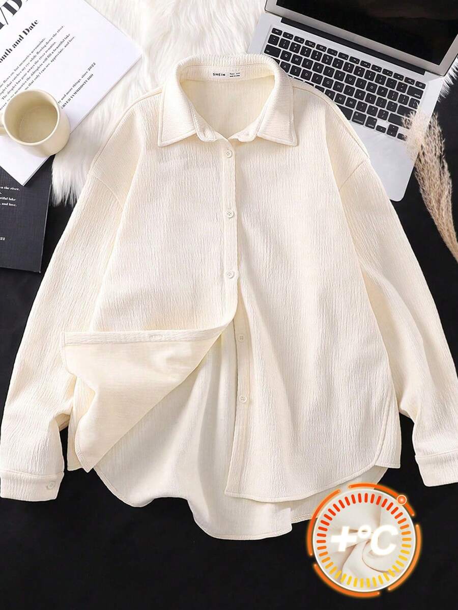 SHEIN Chaqueta casual de manga larga holgada con cuello, de tejido jacquard y forro de felpa para niña adolescente