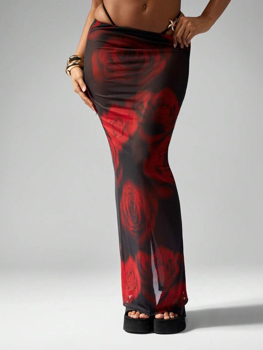 MISSGUIDED Gonna lunga elegante da sera, da occasione formale, da matrimonio o da cerimonia, in tulle trasparente con stampa di rose rosse, gonna lunga, aderente