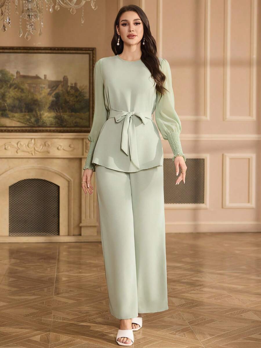 Al Najma Ensemble 2 pièces femme, Top ample en chiffon à manches et pantalon long, style arabe