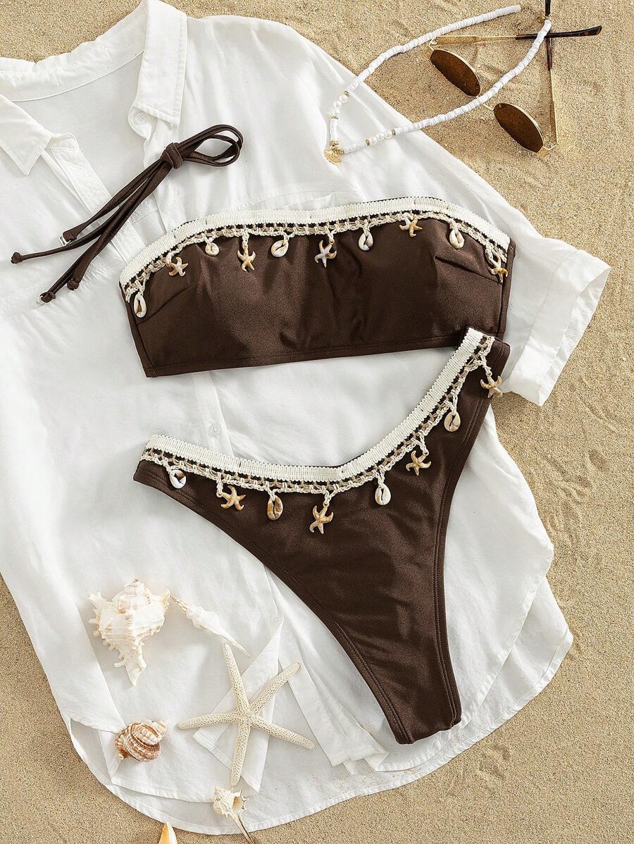 Swim Vcay 2 pezzi Bikini senza spalline con tracolla staccabile color marrone madreperlato, decorato con nappine, conchiglie e stelle marine, costume da bagno semplice e elegante per vacanze al mare per donne