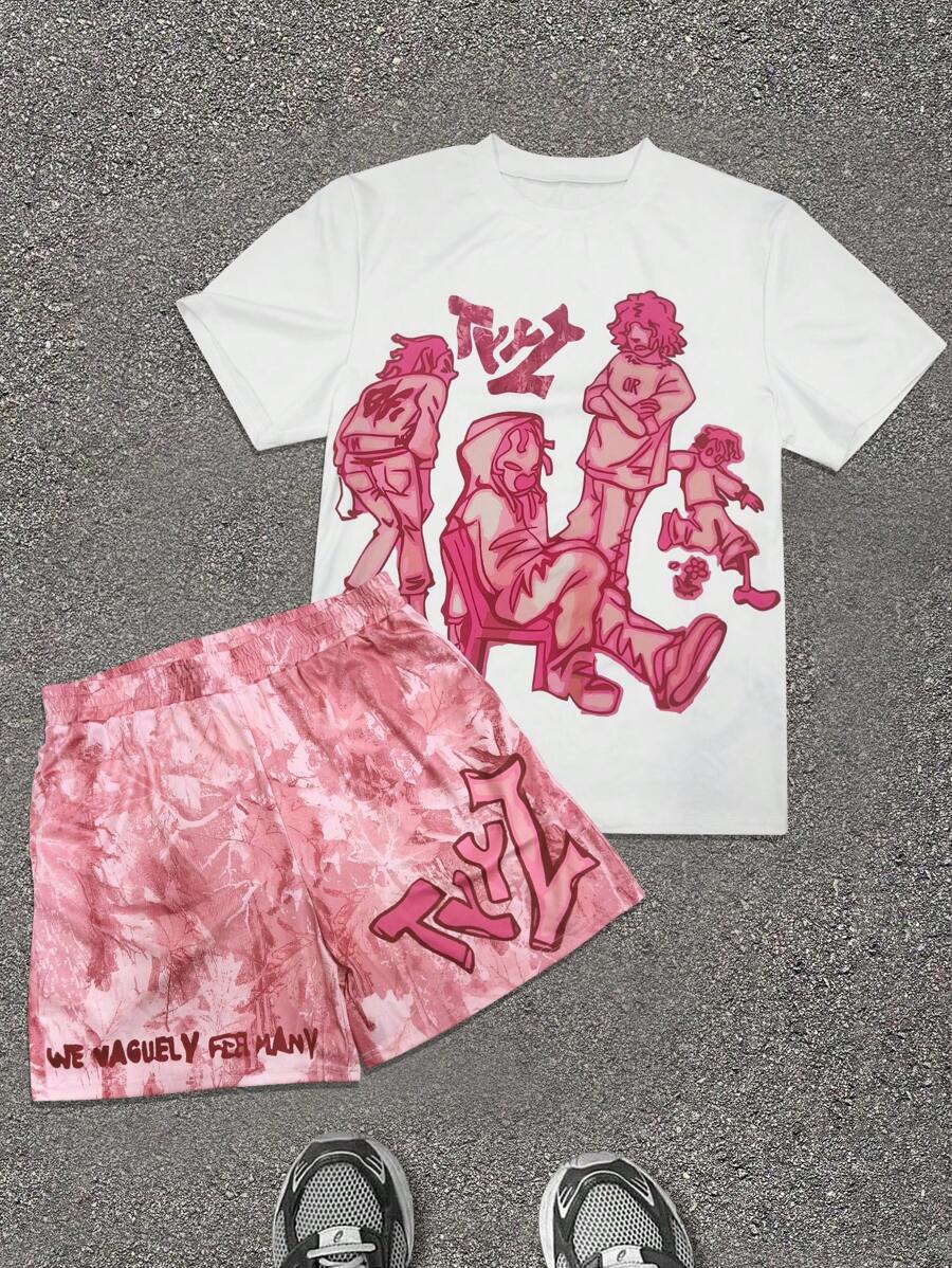 Manfinity Dauomo 1 set Camiseta de cuello redondo de manga corta y pantalones cortos para hombre, de moda para el verano