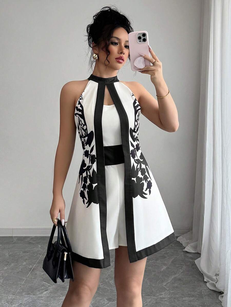 Elenzga Eleganter Neckholder-Romper mit Farbblockbesatz und Print für Damen, Sommer