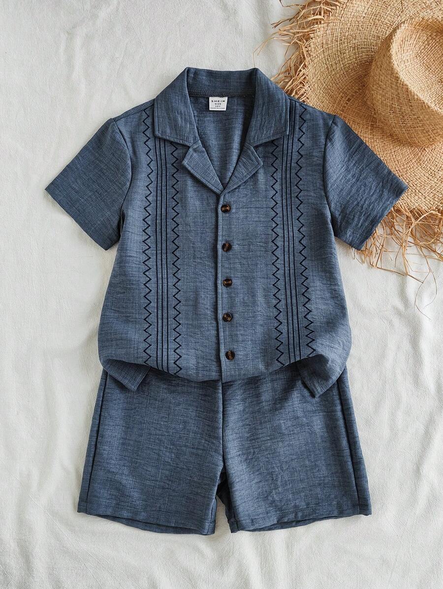 Vintaside Kids Tween Boy Vintage Embroidery Collar Short Sleeve Shirt And Versatile Casual Shorts Set, Spring/Summer